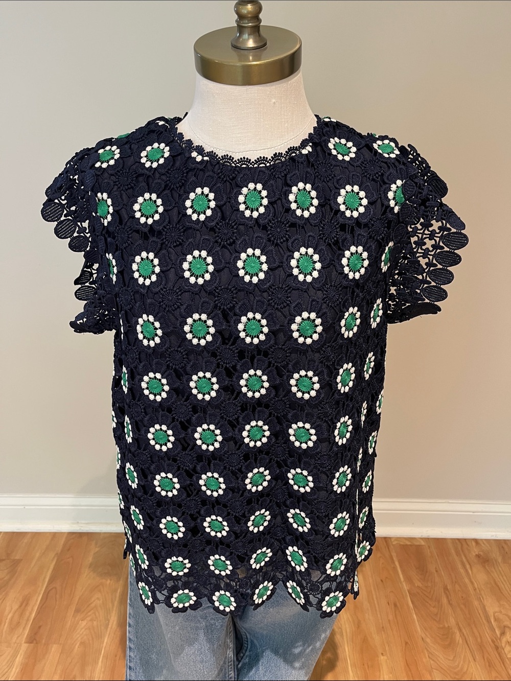 J. Crew Navy Floral Crochet Short Sleeve Top with Green & White Accents size M